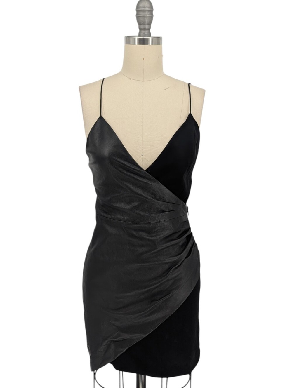 00198 Alice + Olivia Lamb Leather Knit Wrap Mini Dress Black size 0 punk goth